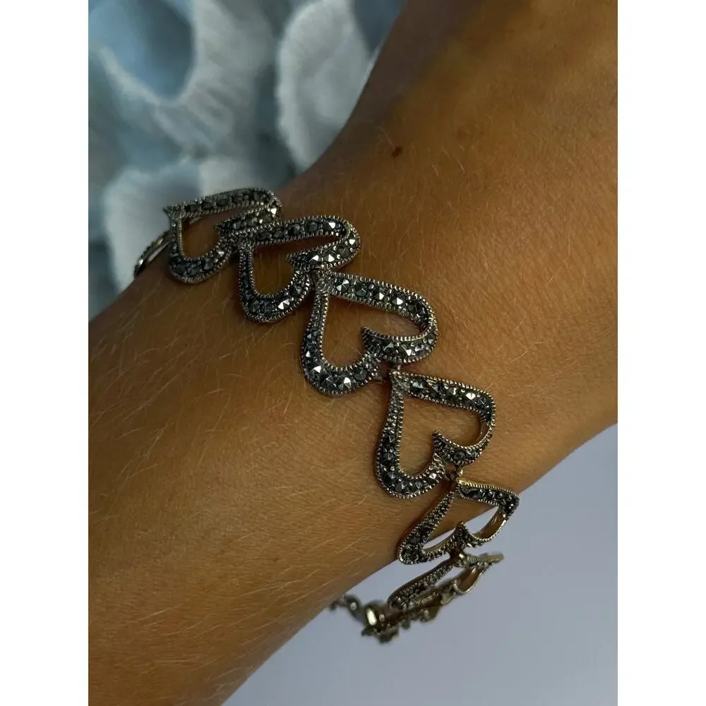 925 Sterling Silver Marcasite Hearts Bracelet Length 7.5